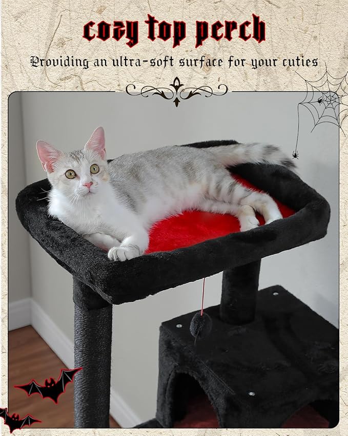Gothic Cat Tree with Super Large Hammock, 56.3" Black Cat Tower with Coffin Bed, Cat Condo, Sisal Scratching Posts & Top Perch, Multi-Level Goth Cat Tree, Halloween, Black