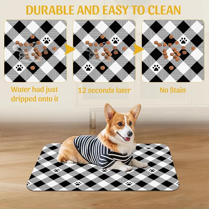 Cat Checked Plaid Dog Cat Food Mat, Absorbent Feeding Mat with Fast-Dry Surface, Rubber Backing for Messy Drinkers – 16x24 Inch