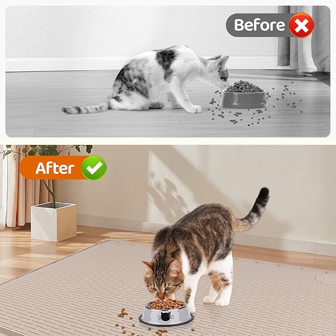 Cat Food Mat, 34" x 22" Large Silicone Pet Feeding Mat for Food and Water Bowls Non-Slip, Easy to Clean (Khaki)