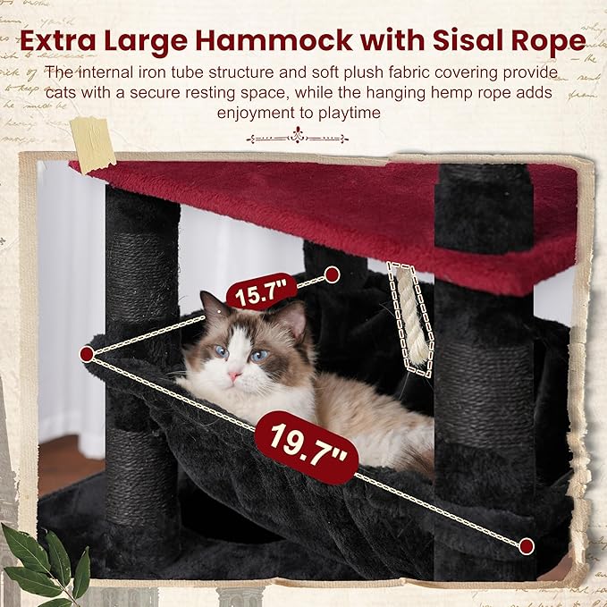Gothic Cat Tree, Cat Tower for Large Cats with 2 Big Platforms, 2 Baskets, condo and Toys, 63" Cat Scratching Posts for Indoor Cats, Black and red GCT020BR