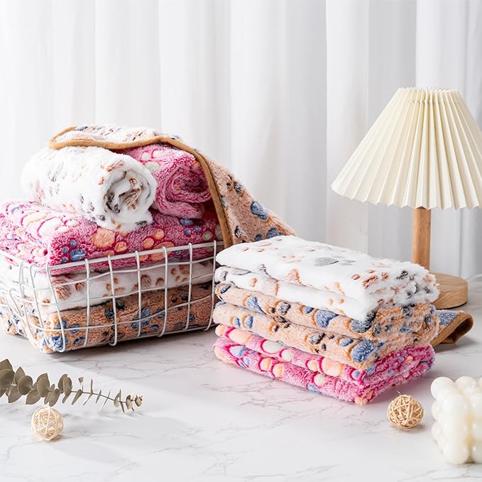 1 Pack 3 Blankets Super Soft Fluffy Premium Fleece Pet Blanket Flannel Paw Printed Throw for Dog Puppy Cat (Medium 30x20'', Beige, Grey, Navy)