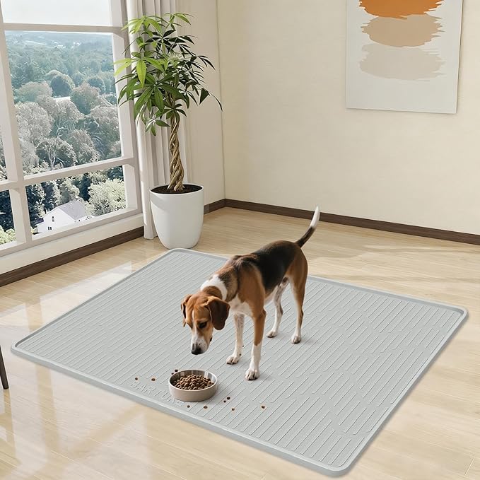 Silicone Cat & Dog Food Mat, 24" x 17" Large Pet Feeding Mat for Cats and Dogs Bowl, Pet Placemat for Food and Water with Raised Edge, Waterproof, Leakproof (Grey)