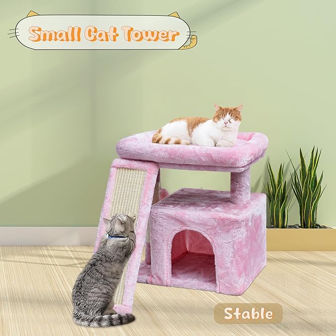 Small Pink Cat Tree for Indoor Cats, Cute Cat Tower with Perch, Condo, House and Stable Stand for Kittens & Adult Pets（Pink）