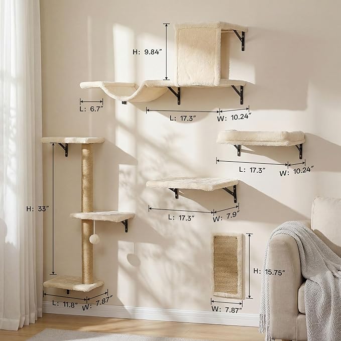 MEWANG 5-in-1 Cat Wall Shelves: Cat Climbing Furniture with Wall Mounted Perch & Lounge for Indoor Cats, Space-Saving Wall Pet Shelves for Play & Rest - Beige (White)