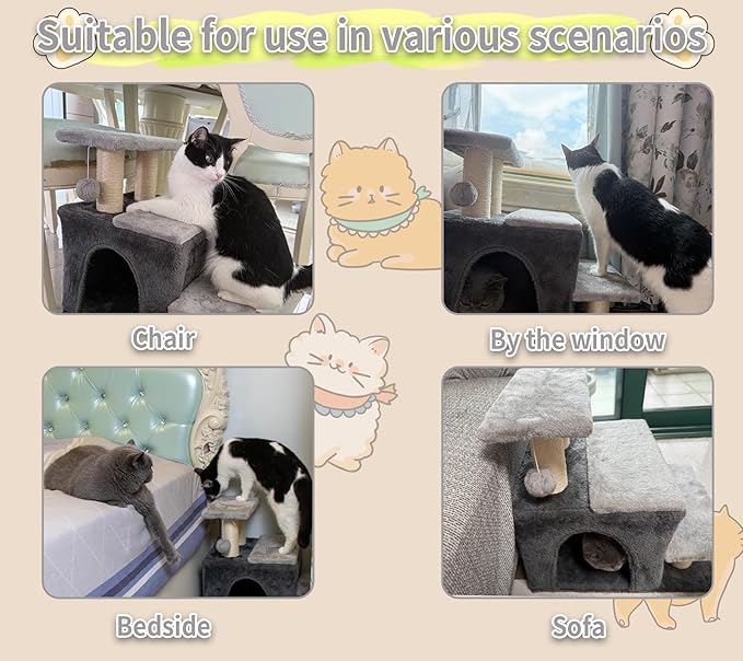 3-in-1 Pet Stairs for Cats for High Bed, Adjustable Dog Steps, Modular 3-Tier, Cushioned Steps & Cat Condo, Adjustable Entrance, Dangling Ball, for Kittens, Senior & Cats (Grey, Medium)