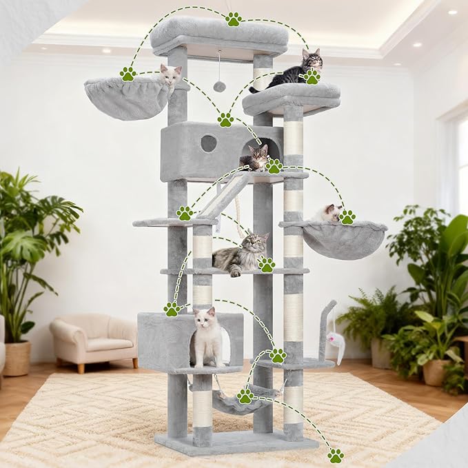 Cat Tree for Large Cats, 78.7"(200cm) Tall Cat Tower for Indoor Cats Multiple Cats with Large Top Perch, Cat Condo, Cat Hammcok, Cat Scratching Post, Light Gray GCT031W
