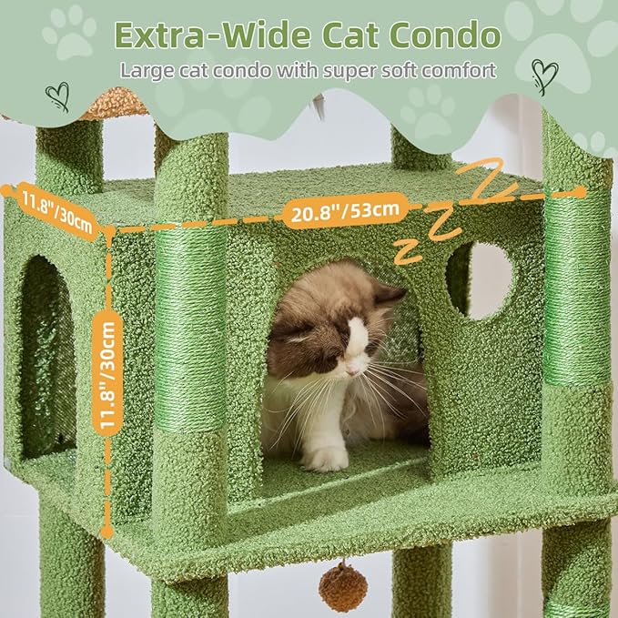 Taoqimiao 71 Inches Cat Tree for Large Cats 20lbs+, 3 Giant Perches, Multi-Level Cat Tree Tower, Widened Cat Condo with 9 Scratching Posts, Luxurious Hammcock & Basket, Cactus, MS034T