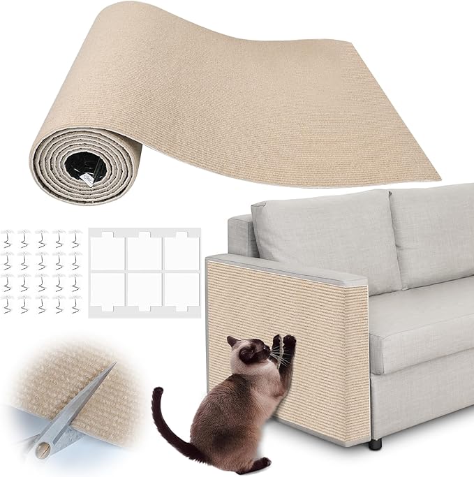 Cat Scratch Furniture Protector - 118" x 15.8" Trimmable Self-Adhesive Furniture Protectors from Cats, DIY Climbing Couch Protector for Scratch Post Cat Tree Replacement Indoor (Khaki)