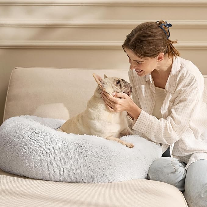 Bedsure Calming Dog Bed for Small Dogs - Donut Washable Small Pet Bed, 23 inches Anti-Slip Round Fluffy Plush Faux Fur Large Cat Bed, Fits up to 25 lbs Pets, Frost Grey