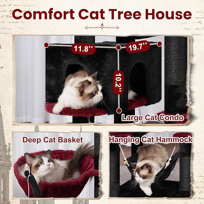 Gothic Cat Tree, Cat Tower for Large Cats with 2 Big Platforms, 2 Baskets, condo and Toys, 63" Cat Scratching Posts for Indoor Cats, Black and red GCT020BR