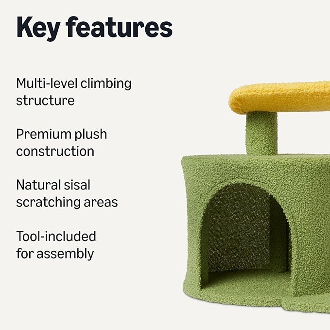 Amazon Basics Cactus Cat Tree for Indoors Cats& Kittens, Scratching Post with Curved Perch and Cozy Cat Condo, Interactive Dangling Ball,30.7” (77.9cm) H, Green