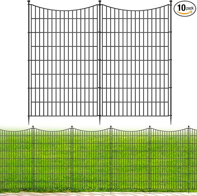 10 Panels No Dig Dog Fence Outdoor for Yard, 48 in(H) X 26.25 ft(L) Decorative Tall Garden Fence Animal Barrier, Rustproof Metal Wire Garden Edging and Borders, Temporary Fencing Stakes
