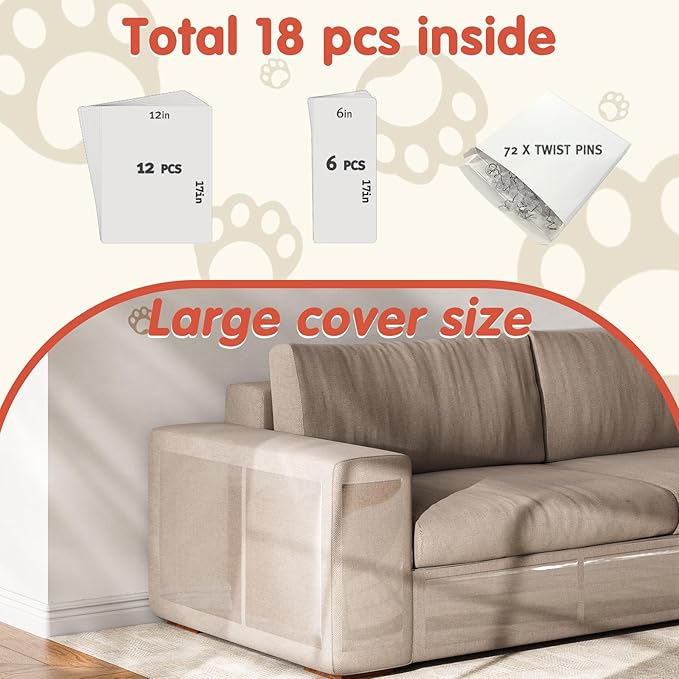 18 PCS Large Cat Scratch Furniture Protector, Transparent Couch Protector from Cat Claws, Single-Sided Self Adhesive Anti Pet Deterrent Sofa Cover, 17IN (Pack of 2)