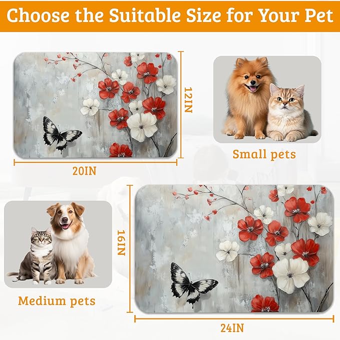 ButterflyFlowers Dog Cat Food Mat,Red White Absorbent Waterproof Placemat for Food and Water Non Slip Rubber Backing Durable Feeding Pad for Clean Floors 16" x 24"
