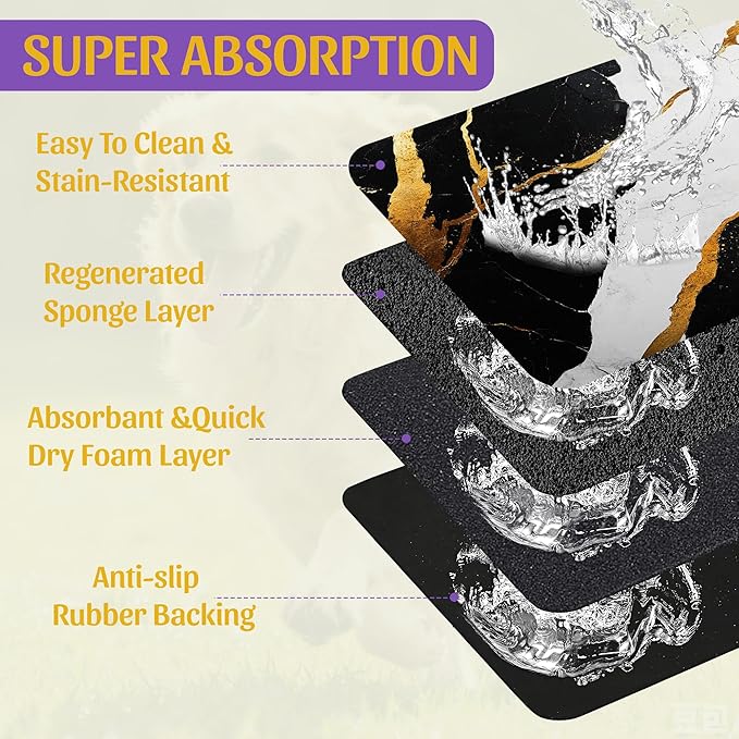 Black Gold Marble Dog and Cat Food Mat, Absorbent Feeding Placemat, Waterproof Non-Skid Rubber Backing, No Stains Pet Supplies – 12x20 Inch