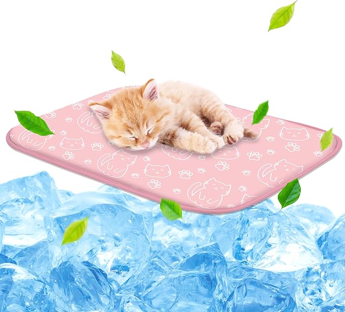 NWK Pack of 4 Pet Cooling Mat - Ice Silk Cooling Mat for Dogs & Cats Portable & Washable Pet Cooling Blanket, Car Seats, Beds for Summer (4pcs, Pink Cat, 20’’ X 16’’ X 0.3)