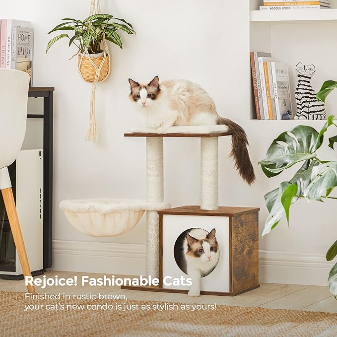 FEANDREA Small Cat Tree for Kittens, Modern Cat Tower for Indoor Cats, Cat Condo with Scratching Posts, Removable Washable Cushions, Rustic Brown UPCT122X01