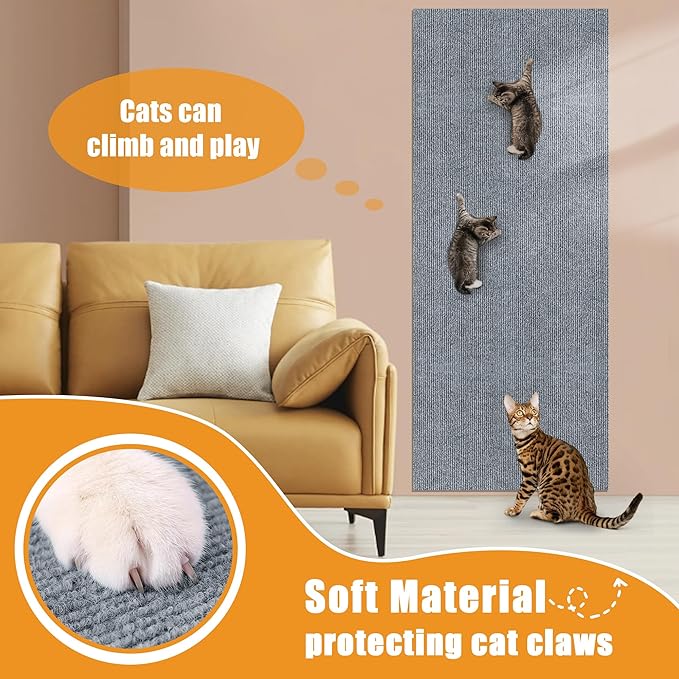 Cat Scratching mat Self-Adhesive, Trimmable Furniture Protector for Couch, Sofa, Wall & Cat Trees - Durable Scratch Pad with Nano Tape, DIY Climbing Carpet for Indoor Cats (Light Grey, 78.7"x15.8")