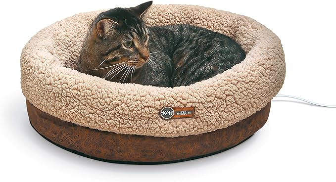 K&H Pet Products Heated Cat Bed Indoor, Thermo-Snuggle Cup Bomber Soft Heated Pet Bed for Large Indoor Cats and Small Dogs, Machine Washable, Waterproof Heated Pad, Safety Listed - 18x14in Chocolate