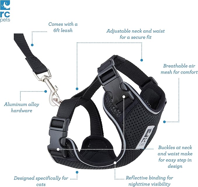 RC Pets Adventure Kitty Harness Includes Adjustable, Airmesh Fabric, 6' Leash and D-Ring Cat Walking Harness | Black, Small