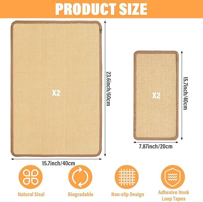 4 Pack Cat Scratcher Mat, Fabric Sisal Cat Scratching Pad for Indoor, Cats Scratching Rug Wall Scratchers with Adhesive Hook Loop Tape for Protect Couch and Carpets