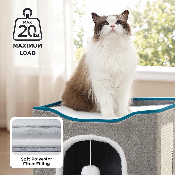 Bedsure Cat Beds for Indoor Cats - Large Cat Cave for Pet Cat House with Fluffy Ball Hanging and Scratch Pad, Foldable Cat Hideaway, 16.5x16.5x13 inches, Black
