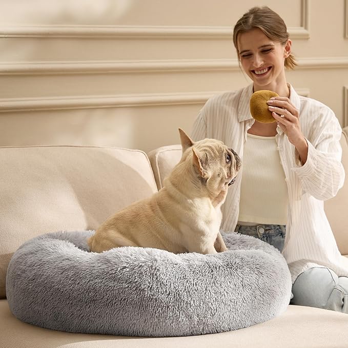 Bedsure Calming Dog Bed for Small Dogs - Donut Washable Small Pet Bed, 23 inches Anti-Slip Round Fluffy Plush Faux Fur Large Cat Bed, Fits up to 25 lbs Pets, Pale Grey