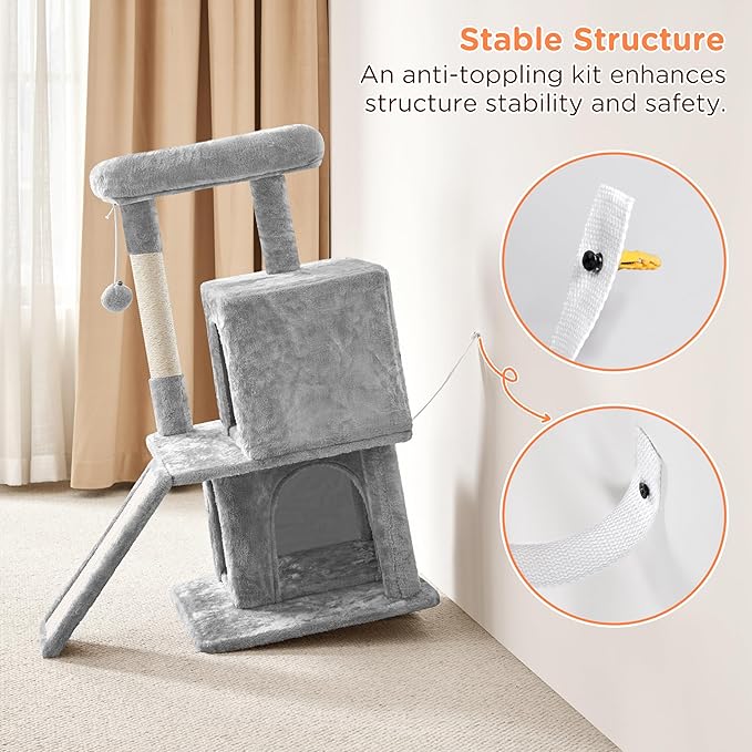 Yaheetech Cat Tree for Indoor Pets, 36in Tower Condo w/Extra Large Perch, Scratching Posts, Board, Dangling Ball, Play Structure for Kittens & Adult Cats, Light Gray