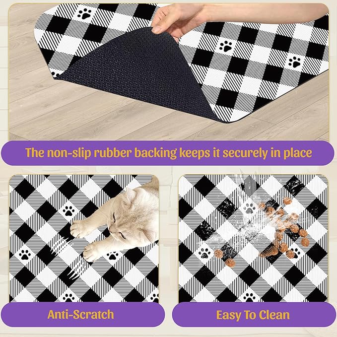 Cat Checked Plaid Dog Cat Food Mat, Absorbent Feeding Mat with Fast-Dry Surface, Rubber Backing for Messy Drinkers – 12x20 Inch