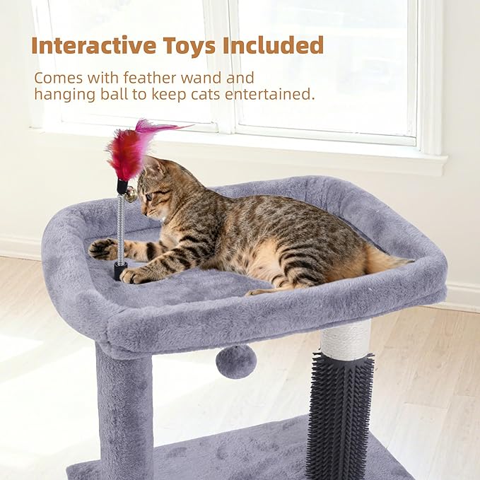 Cat Tree with Self-Grooming Brush and Interactive Toys, Cat Tree Tower for Indoor Cats, Cat Tower with Sisal Scratching Post and Scratching Pads, Cat Condo with Padded Perch, Grey