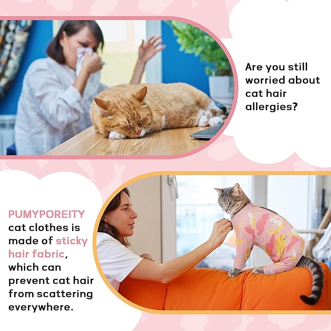 PUMYPOREITY Cat Recovery Suit, Stops Wound Licking After Surgery, Sticky Hair Shirt with Sticky Fabric, Cat Pajamas Prevents Over-Grooming, Kitten Onesie - Soft & Machine Washable, Pink, S