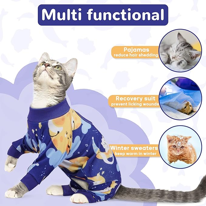 PUMYPOREITY Cat Hair Sticky Sweater, Stretchy 4-Leg Design for Fur Control, Recovery Suit - Breathable & Lightweight for Post-Surgery Protection, Cat Onsie Prevents Licking Wounds, Blue, XL