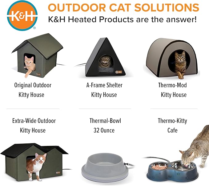 K&H Pet Products Extra-Wide Heated Cat House for Outside, Outdoor Cat House with 2 Safe Escape Doors, Weatherproof Insulated Stray & Feral Shelter with Waterproof Heated Bed, Safety Listed - Olive