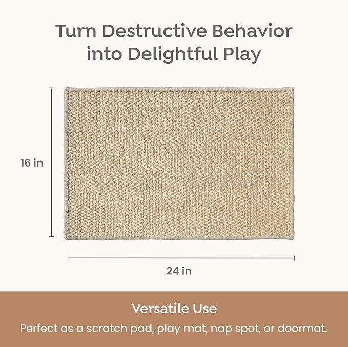 Premium Brazilian Cat Scratcher Mat – 24'' x 16'' Natural Fiber 100% Sisal with Jute Border, Ultra Durable, Scratching Pad, Doormat Rug, Protects Furniture and Carpets (Natural Beige)
