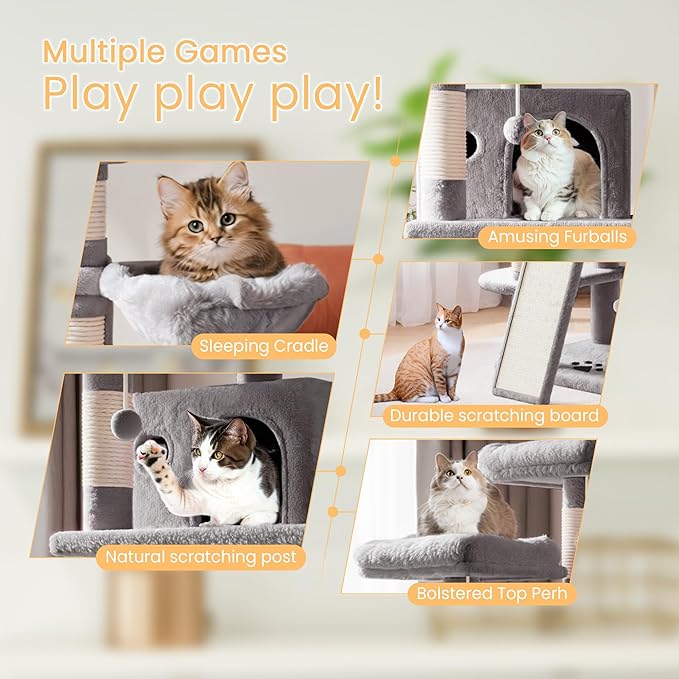 SHA CERLIN 68 Inches Multi-Level Large Cat Tree for Large Kitties/Big Cat Tower with Condo/Cozy Plush ‌Pussycat Perches/Sisal Scratching Posts and Hammocks/Activity Center/Grey