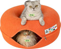 Cattasaurus Peekaboo Cat Cave Donut for Multiple & Large Cats up to 30-45 lbs, 3-in-1 Self Warming Cat Bed, Tunnel & Scratcher for Indoor Cats, Washable & Detachable Small Dog Bed (Orange, Large)
