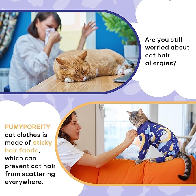 PUMYPOREITY Cat Recovery Suit, Stops Wound Licking After Surgery, Sticky Hair Shirt with Sticky Fabric, Cat Pajamas Prevents Over-Grooming, Kitten Onesie - Soft & Machine Washable, Blue, XS