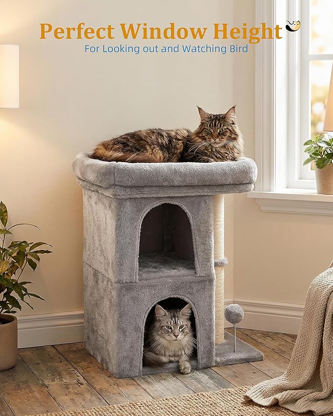 24in Cat Tree Tower with Scratching Post, 19 * 16.5in Window Perch Bed for Large Adult Cats, 2 Small Condo Cubbies for Indoor Kittens, Light Gray