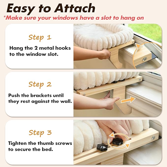 Cloud-Cuddle Cat Perch for Window Sill with Bolster, Natural Wood & Metal Frame Cat Window Seat for Large Cats, Easy to Adjust Zipper Cushion Pet Bed for Windowsill (Medium)