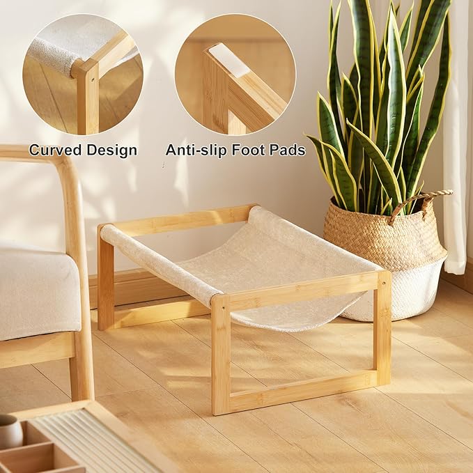 Elevated Cat Bed, Large Cat Hammock Bed, Bamboo Wood Cat Hammock for Outdoor, 25 X 16.5 Inch Elevated Pet Furniture Suitable for Kitty, Puppy, Rabbit, Bunny and Small Animal