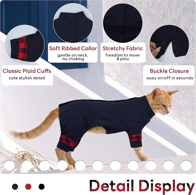 PUMYPOREITY Comfy Cat Pajamas, Versatile Cat Shirt for All-Day Wear, Soft Stretchy Sweater with Back Snap for Easy Wear, Breathable Recovery Suit for Surgery Recovery, L, Blue