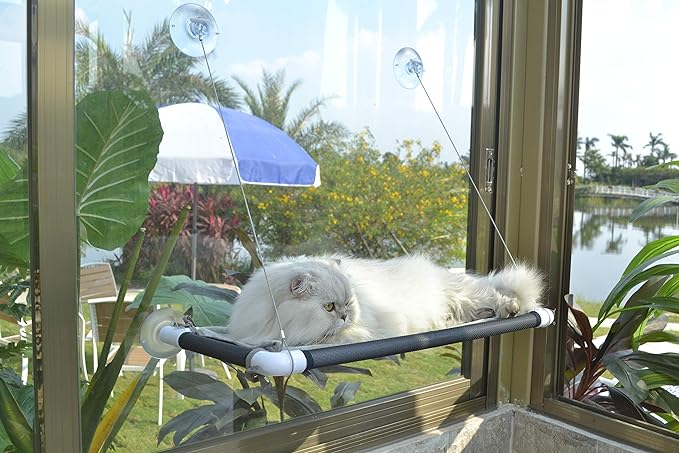 Cat Window Hammock – Mess-Free Waterproof Cats Window Perch for Large Cats, Strong Suction Cup Hammock with Flannel Cover, Indoor Cat Seat, Black