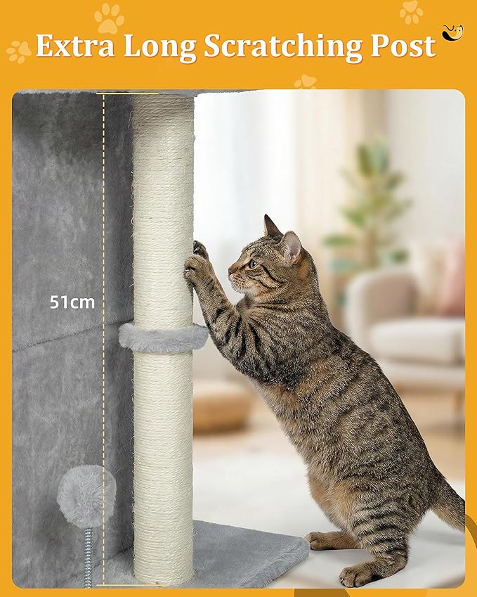 24in Cat Tree Tower with Scratching Post, 19 * 16.5in Window Perch Bed for Large Adult Cats, 2 Small Condo Cubbies for Indoor Kittens, Light Gray
