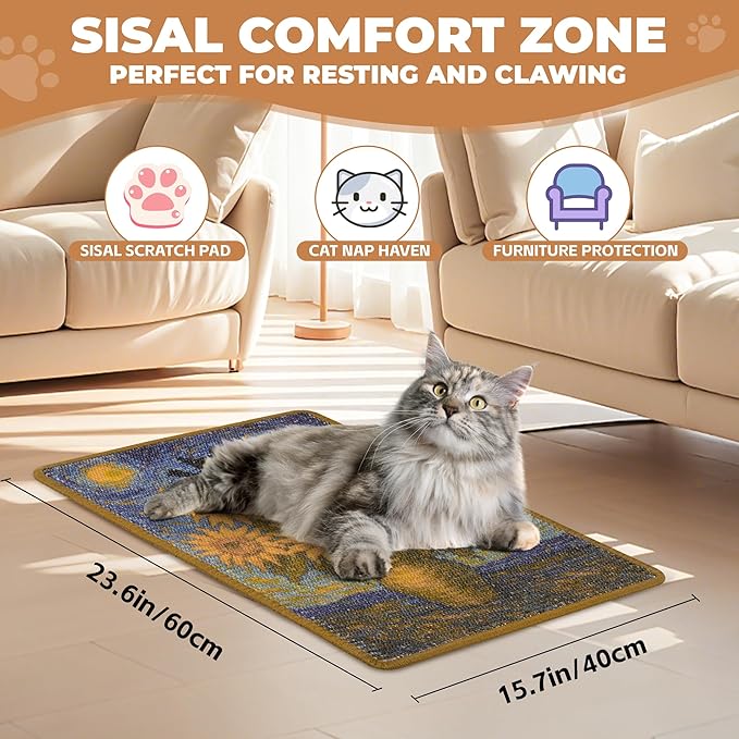 Sisal Cat Scratcher Mat, Cat Wall Scratcher for Indoor Cats, 23.6x15.7 Inch Cat Scratch Pad with Hook & Loop, Wall Mounted Cat Scratching Post to Protect Couch and Carpet（Sunflower）