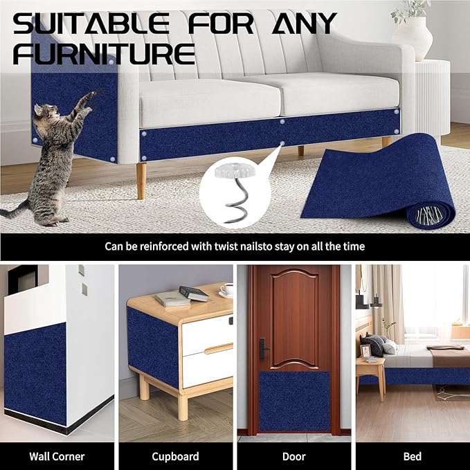 2 Pcs Total 78.8"x15.8" Cat Scratch Mat, Cat Scratch Couch Furniture Protector, Trimmable Self-Adhesive Cats Scratch Pads, DIY Cat Scratcher for Wall Protector and Covering Cat Tower (Blue)