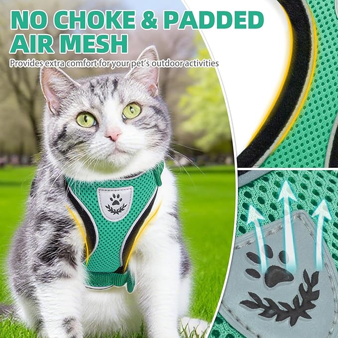 PUPTECK Cat Harness and Leash Set Escape Proof Reflective Cat Walking Harness Adjustable Soft Breathable Mesh Vest for Small Pets, Dark Green, L