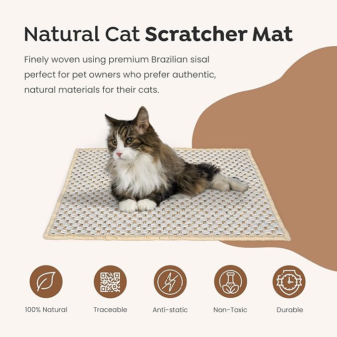 Premium Brazilian Cat Scratcher Mat – 24'' x 16'' Natural Fiber 100% Sisal with Jute Border, Ultra Durable, Scratching Pad, Doormat Rug, Protects Furniture and Carpets (Rustic)
