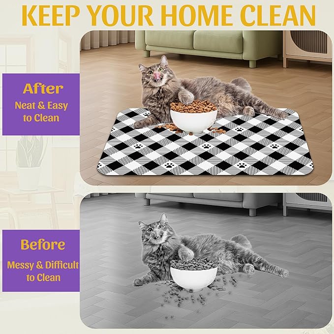 Cat Checked Plaid Dog Cat Food Mat, Absorbent Feeding Mat with Fast-Dry Surface, Rubber Backing for Messy Drinkers – 16x24 Inch