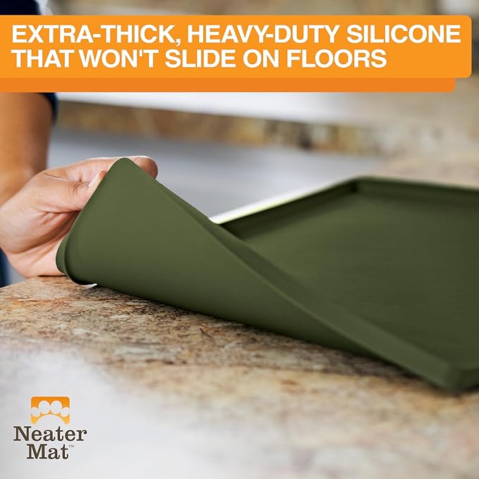 Neater Pet Brands Neater Mat Pet Mats for Food and Water, Cat & Dog Bowl Mat Waterproof Silicone, Feeding Tray, Dog Food Mats for Floors, Placemat w/Raised Edge for Under Bowls, 24" x 16", Olive