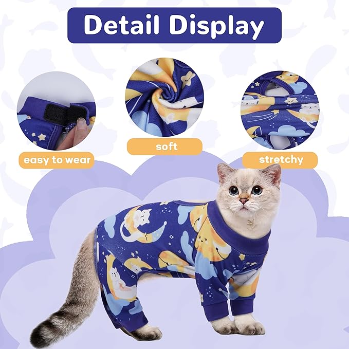 PUMYPOREITY Cat Recovery Suit, Stops Wound Licking After Surgery, Sticky Hair Shirt with Sticky Fabric, Cat Pajamas Prevents Over-Grooming, Kitten Onesie - Soft & Machine Washable, Blue, XS